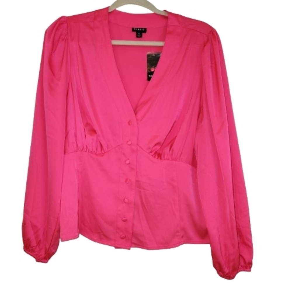 NWT Torrid Vibrant Pink Long Sleeve Babydoll Top Size 0 (L/12) Gathered At Bust - Picture 2 of 13